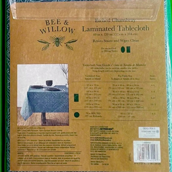 Bee & Willow Home Etched Chambray Laminated Tablecloth Resists Stains Wipes Blue - Picture 2 of 5